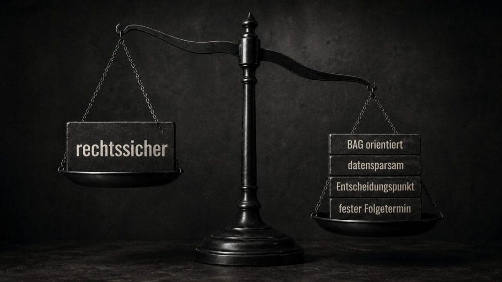 Waage mit Begriffen zu Rechtssicherheit und Datenschutz