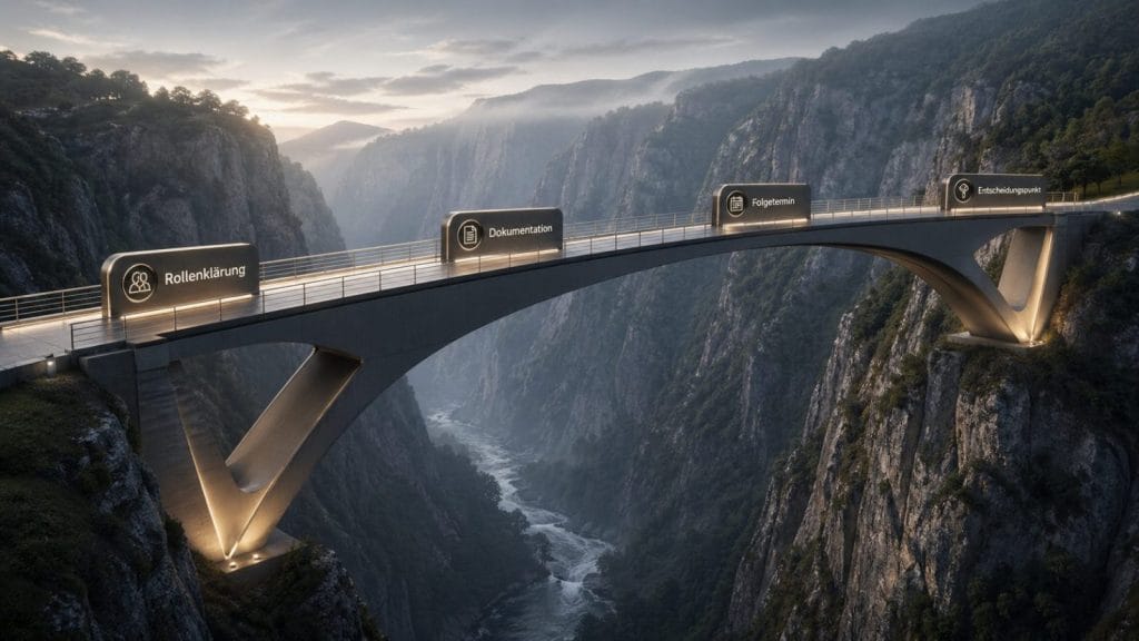 Moderne Brücke über Schlucht mit leuchtenden Wegweisern