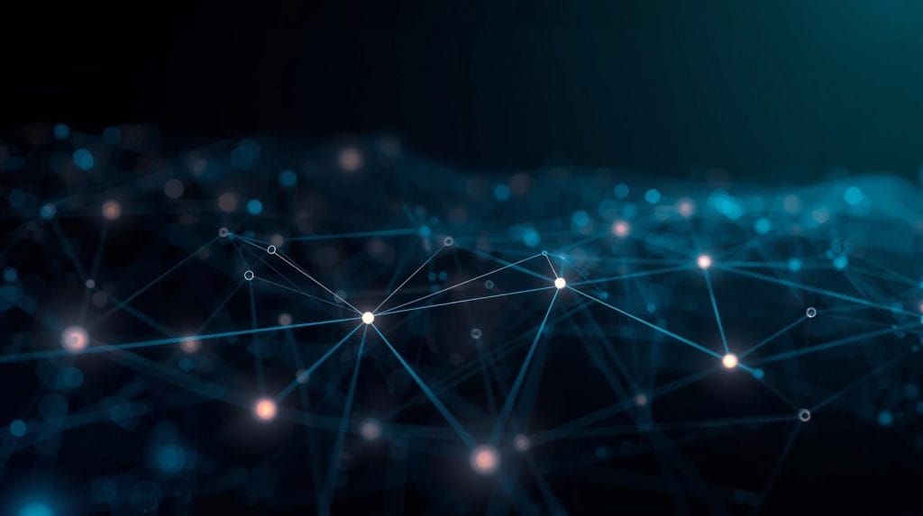 Verbindungsknoten und Linien auf dunklem Hintergrund.