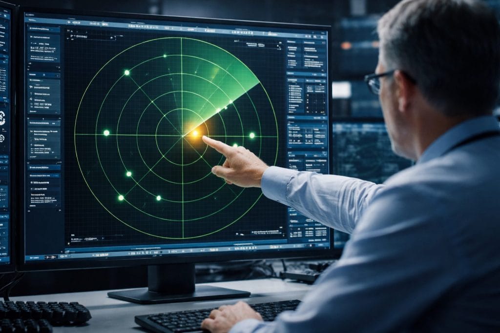 Mann bedient Radar auf Computerbildschirm