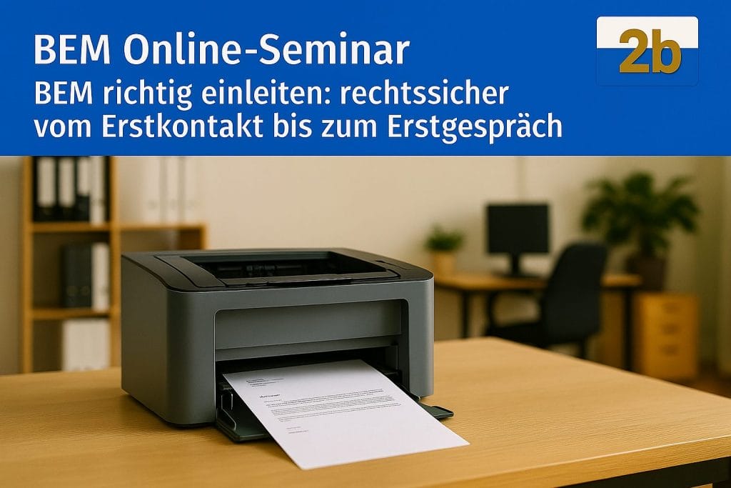BEM Online-Seminar Ankündigung mit Drucker im Büro