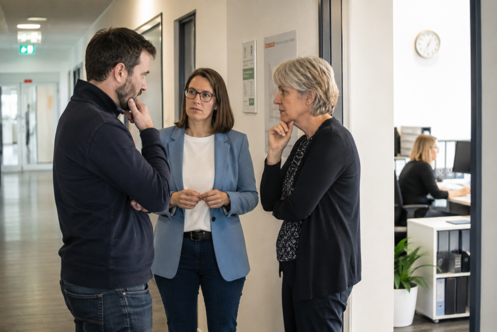 Drei Kollegen diskutieren im Büroflur