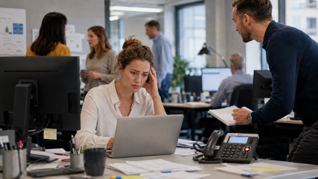 Gestresste Frau arbeitet am Laptop im Büro