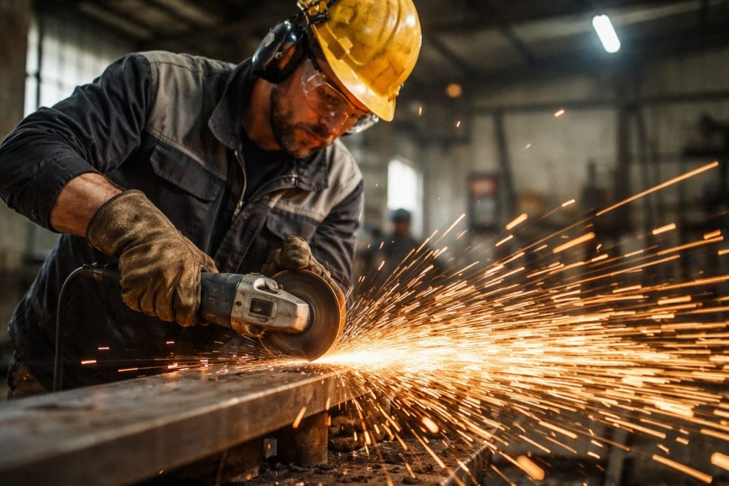 Arbeiter schleift Metall mit Funkenflug.