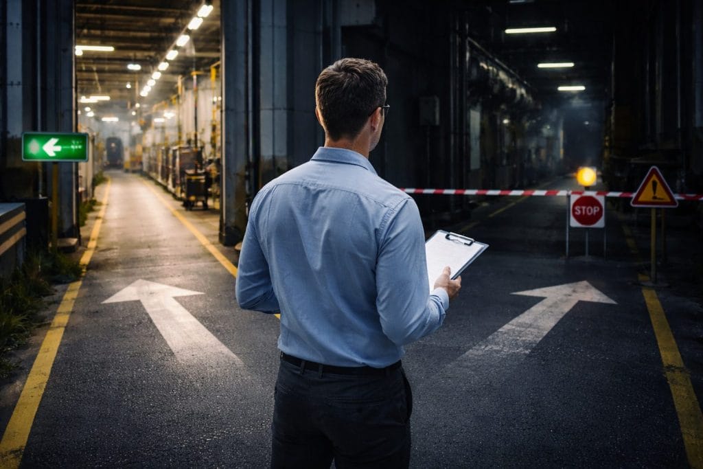 Mann kontrolliert Fabrikhalle mit Warnschild.