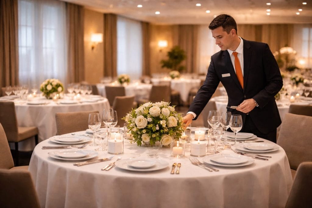 Mann deckt eleganten Tisch für Veranstaltung