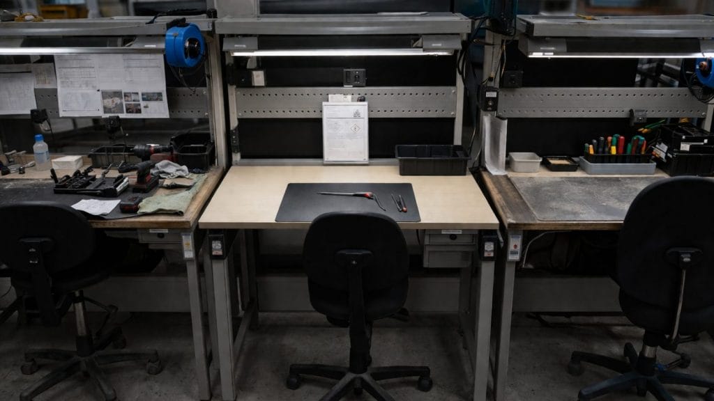 Arbeitsplätze in Werkstatt mit Werkzeugen und Stühlen