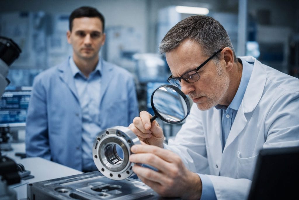 Ingenieur untersucht Bauteil mit Lupe.