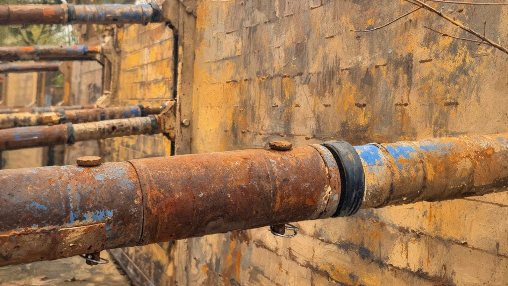 Rostige Metallrohre an einer alten Mauer