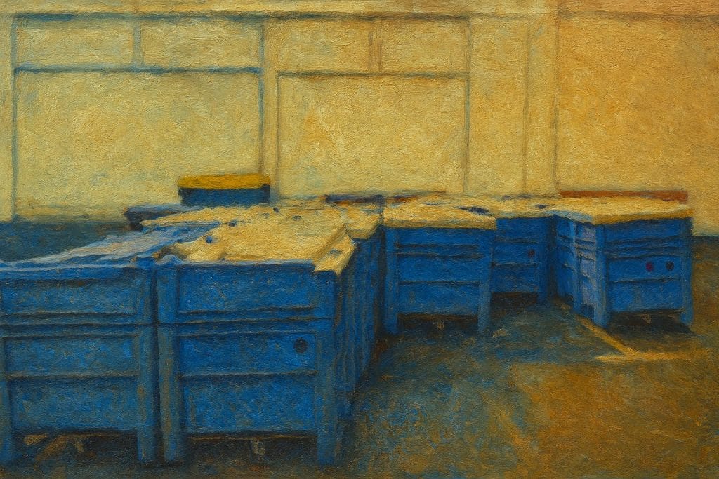 Blaue Container vor gelber Wand, impressionistischer Stil.