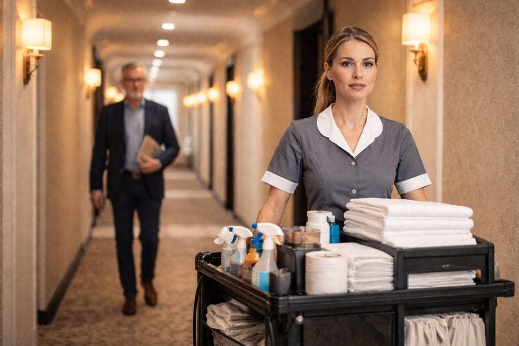 Hotelangestellte mit Reinigungswagen im Flur.