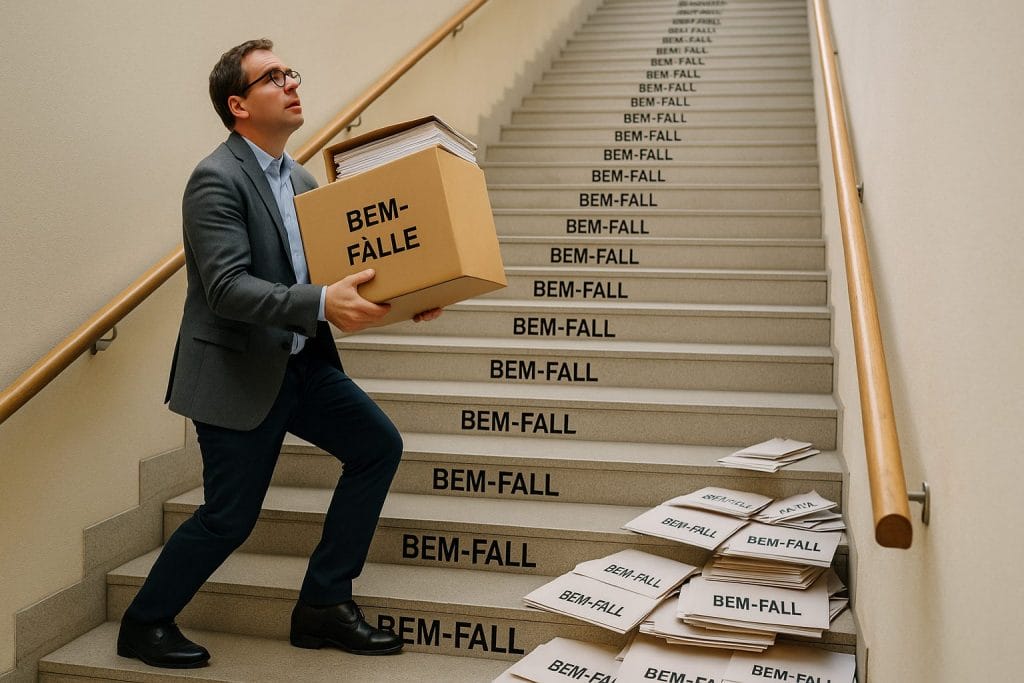 Person trägt Kiste mit BEM-Fällen auf Treppe