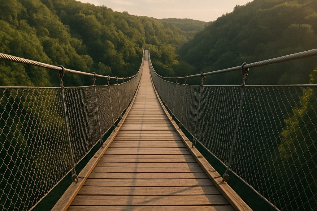 Hängeseilbrücke im Wald bei Sonnenuntergang