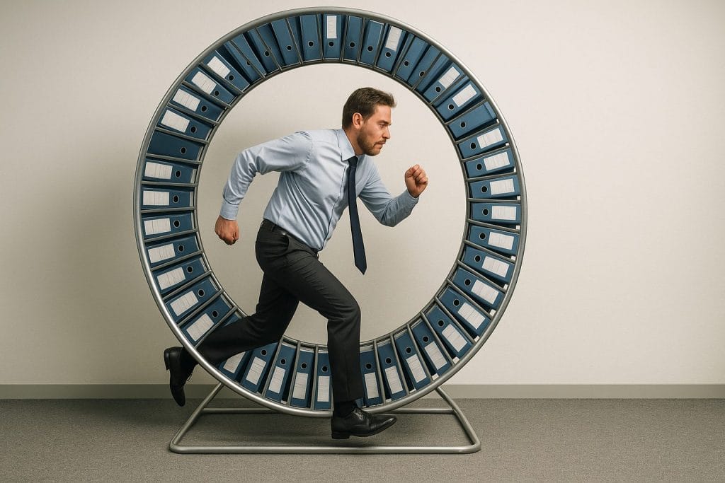 Mann läuft in Bürolaufband mit Aktenordnern.