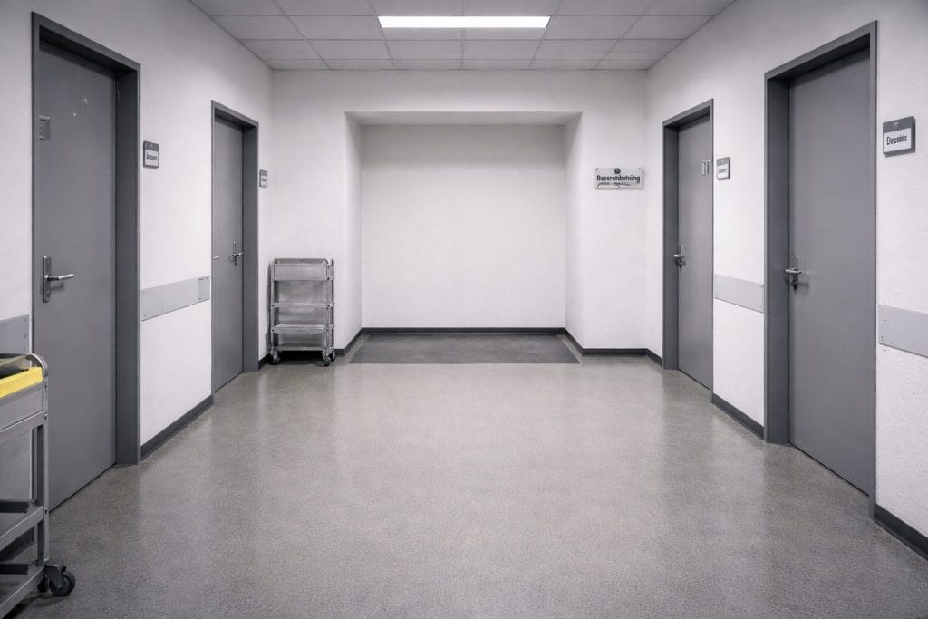 Leerer Krankenhausflur mit grauen Türen und Wagen