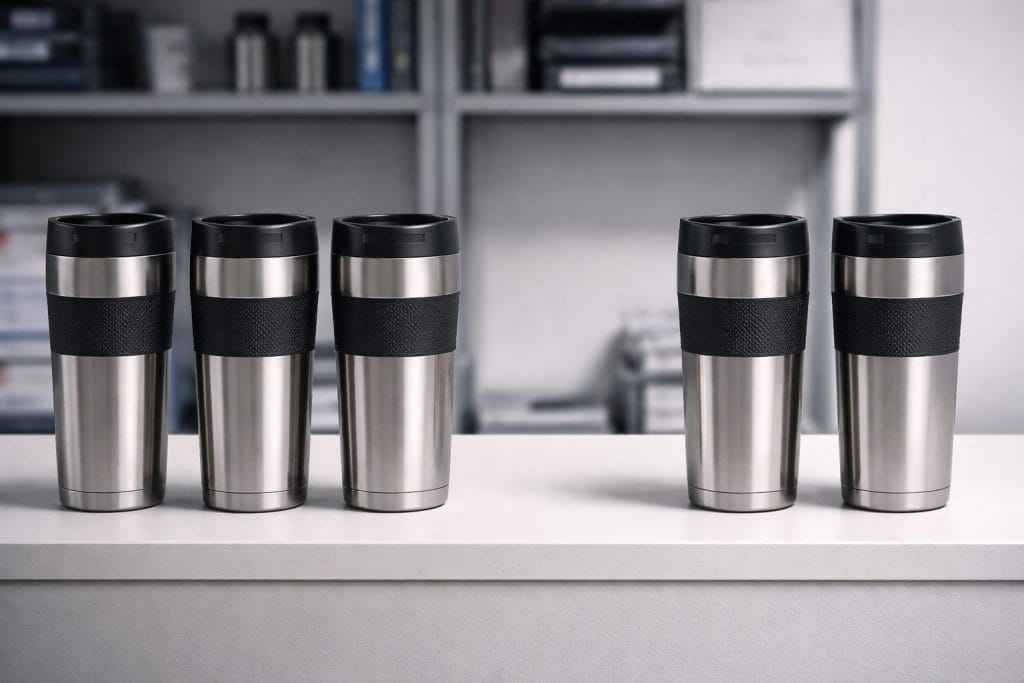 Fünf Edelstahl-Thermobecher auf einem Tresen