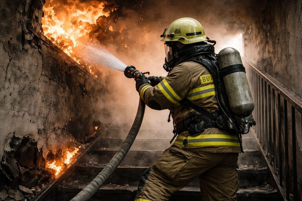 Feuerwehrmann bekämpft Flammen auf Treppe