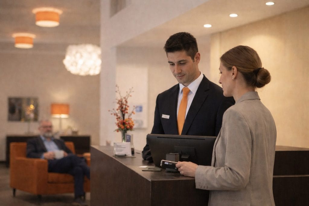 Hotelrezeption: Empfang mit Personal und Gast