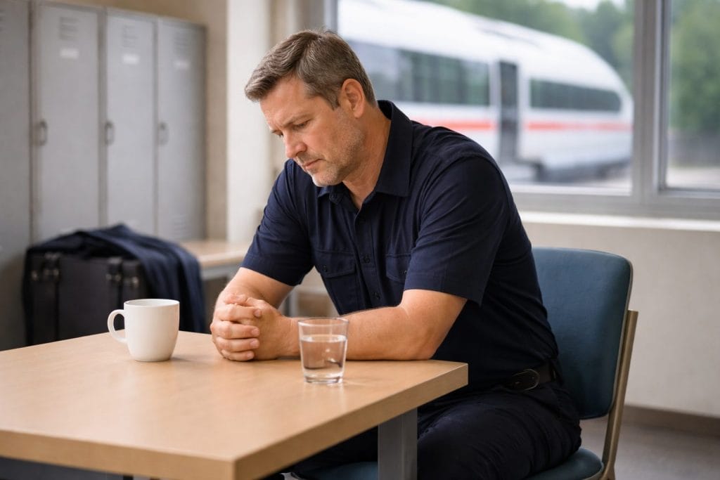 Nachdenklicher Mann sitzt am Tisch mit Tasse.