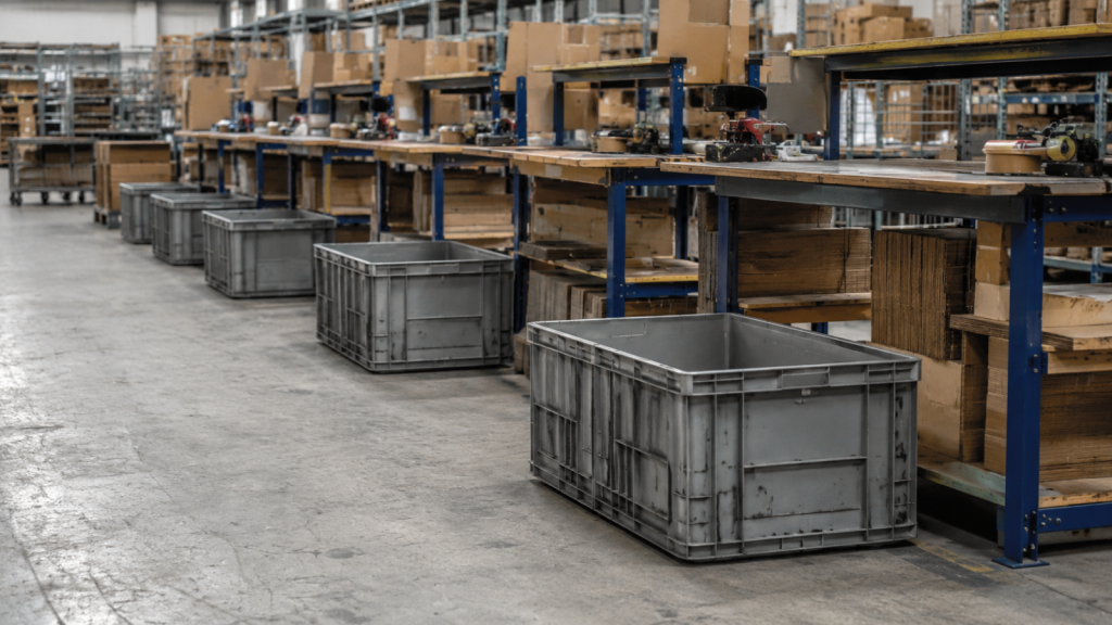 Werkstatt mit langen Arbeitstischen und grauen Lagerboxen