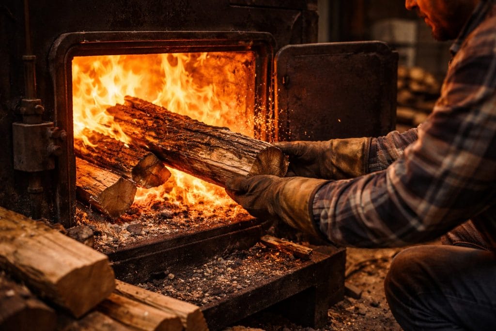 Mann legt Holz in brennenden Ofen.