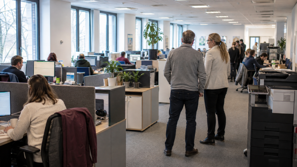 Beschäftigte arbeiten in einem hellen Großraumbüro