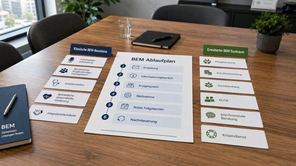 BEM Ablaufplan und Beratungsangebote auf Tisch