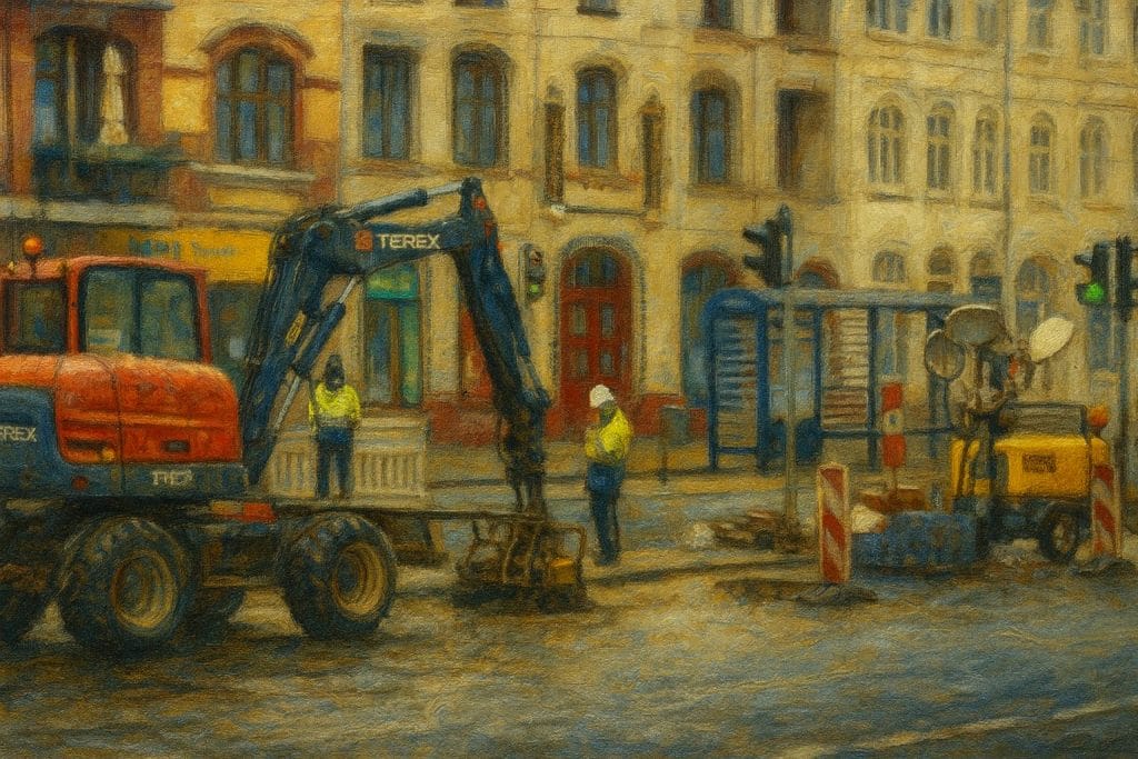 Straßenbaustelle mit Bagger und Arbeitern