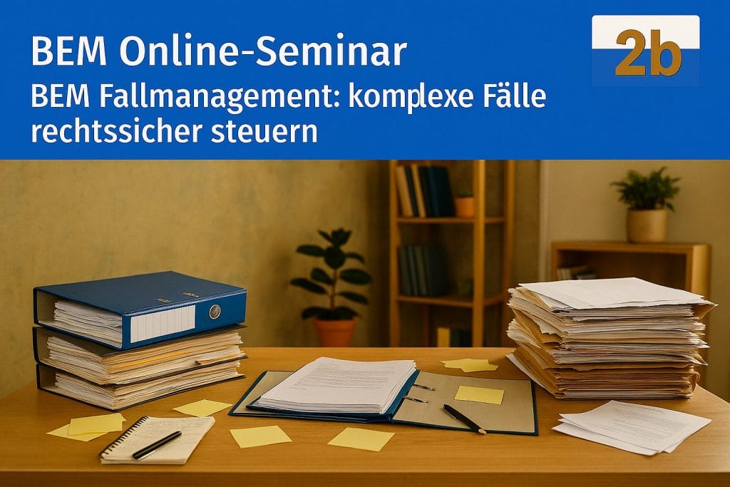Schreibtisch mit Ordnern und Notizen, BEM Online-Seminar