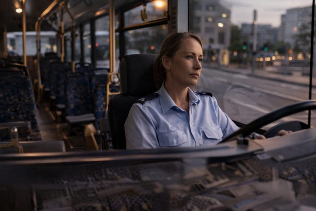 Busfahrerin am Steuer eines leeren Busses.