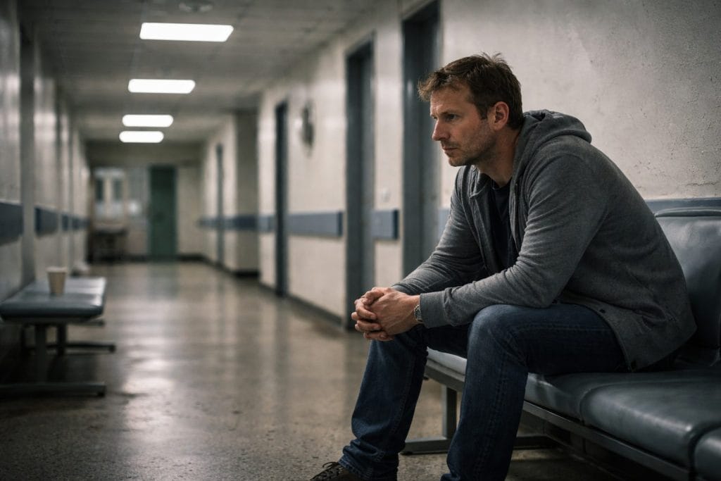 Nachdenklicher Mann auf Krankenhausflur sitzend.