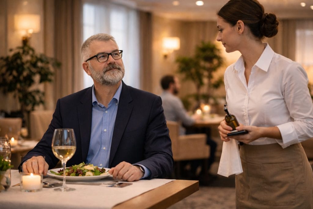 Restaurant: Gast und Kellnerin im Gespräch