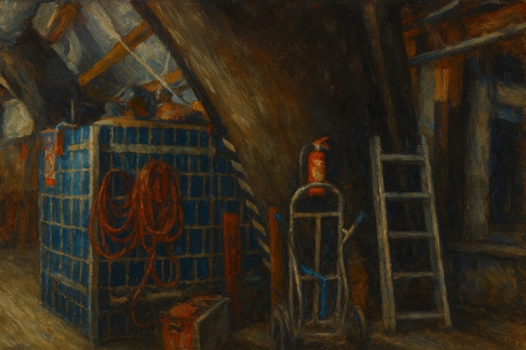 Dachboden mit Leiter, Kisten und Feuerlöscher.