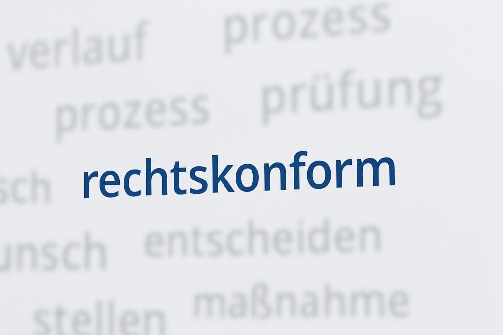 Wort 'rechtskonform' in blauer Schrift, umgeben von Text.