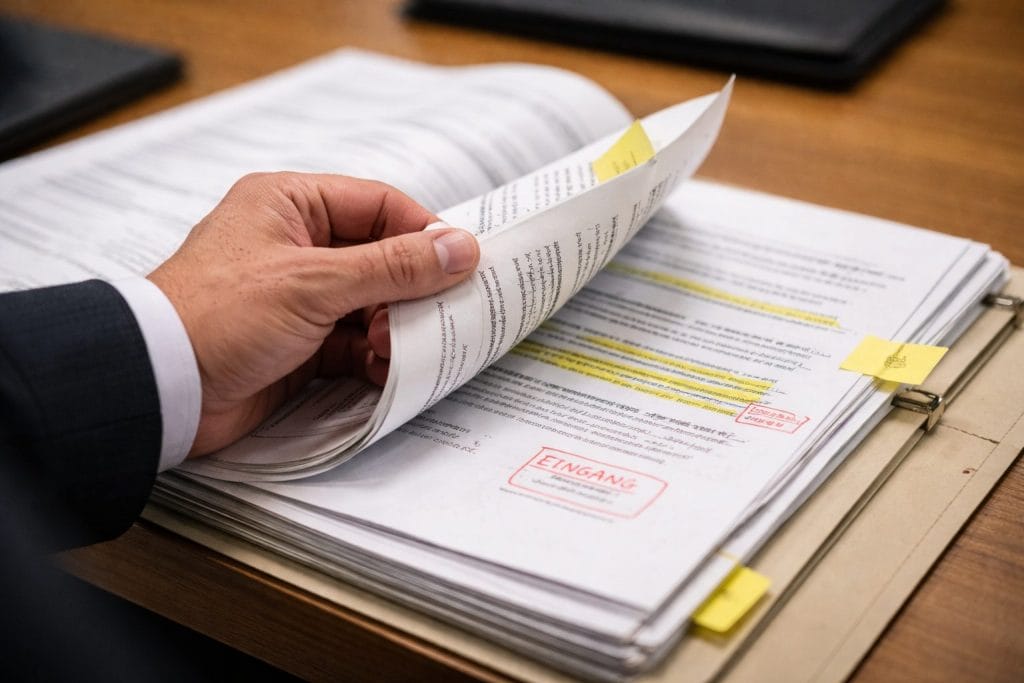 Hand blättert durch Dokumente mit Markierungen.