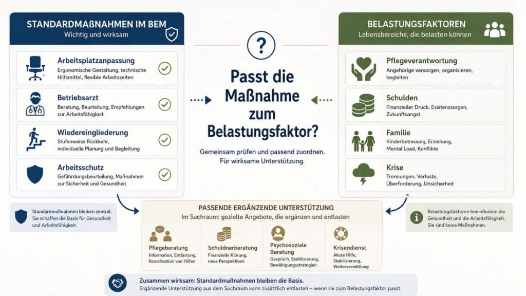 Infografik zu BEM-Maßnahmen und Belastungsfaktoren