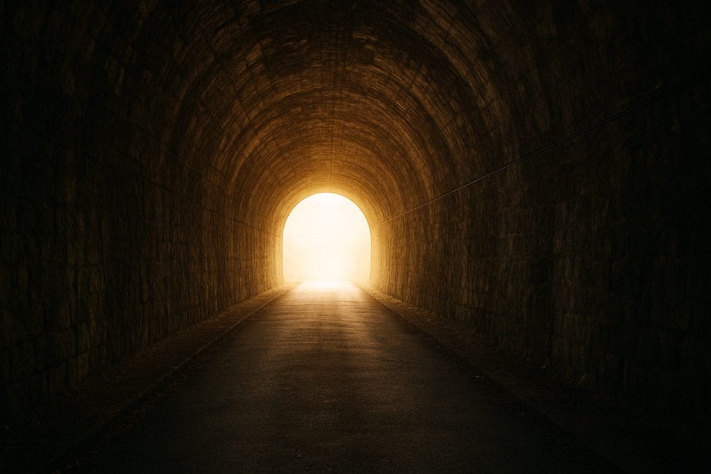 Beleuchteter Tunnel mit Licht am Ende