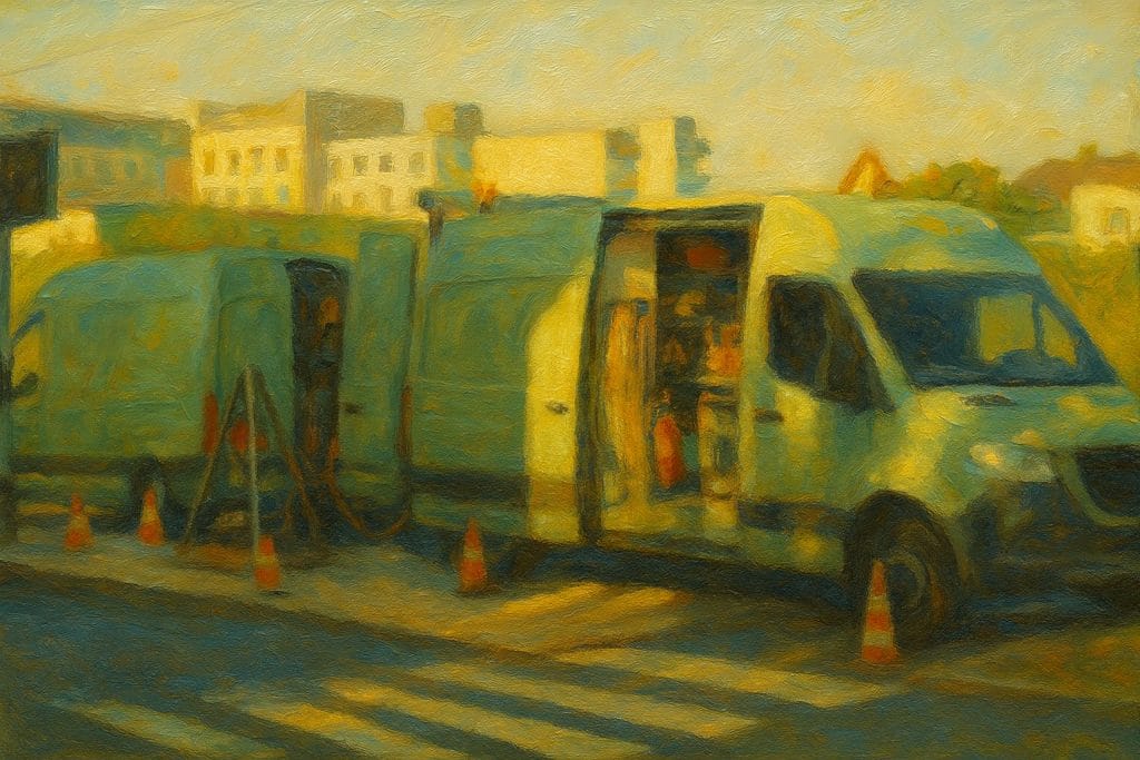 Vans parken bei untergehender Sonne