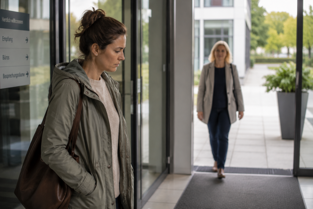 Nachdenkliche Frau im Büroeingang, andere Frau kommt herein