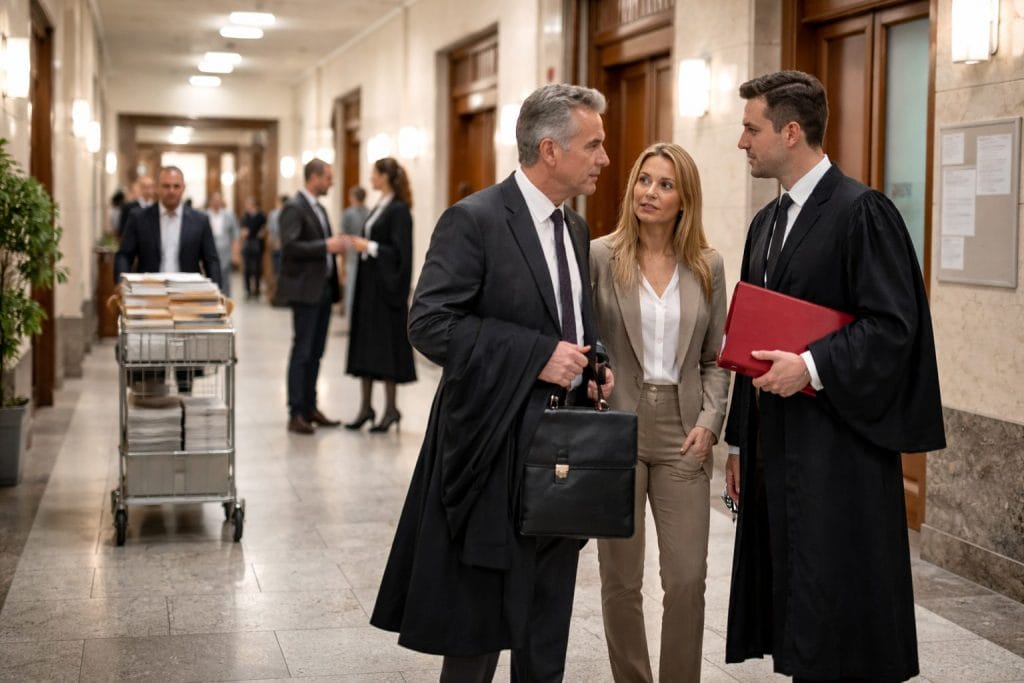 Menschen in Geschäftskleidung im Gerichtsflur