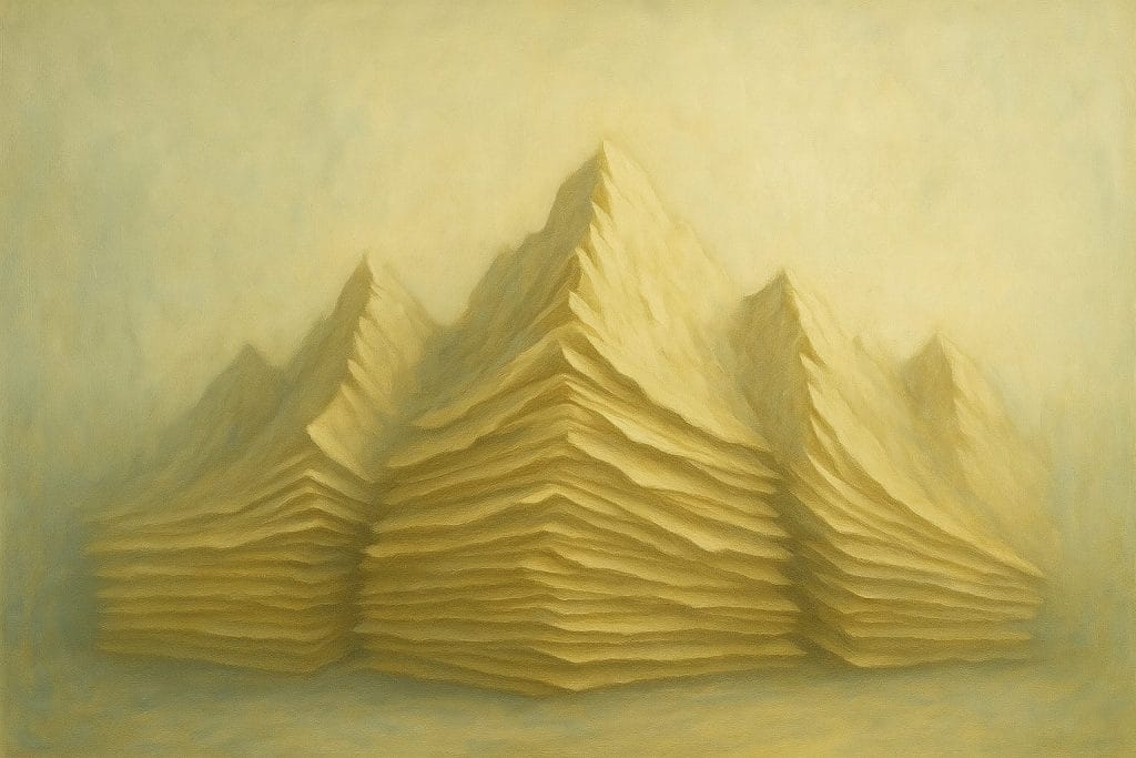 Gemälde von Papierstapel in Bergform