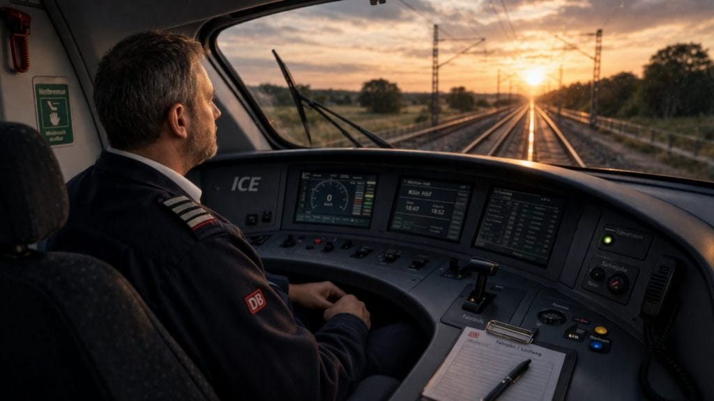 Lokführer im ICE bei Sonnenuntergang