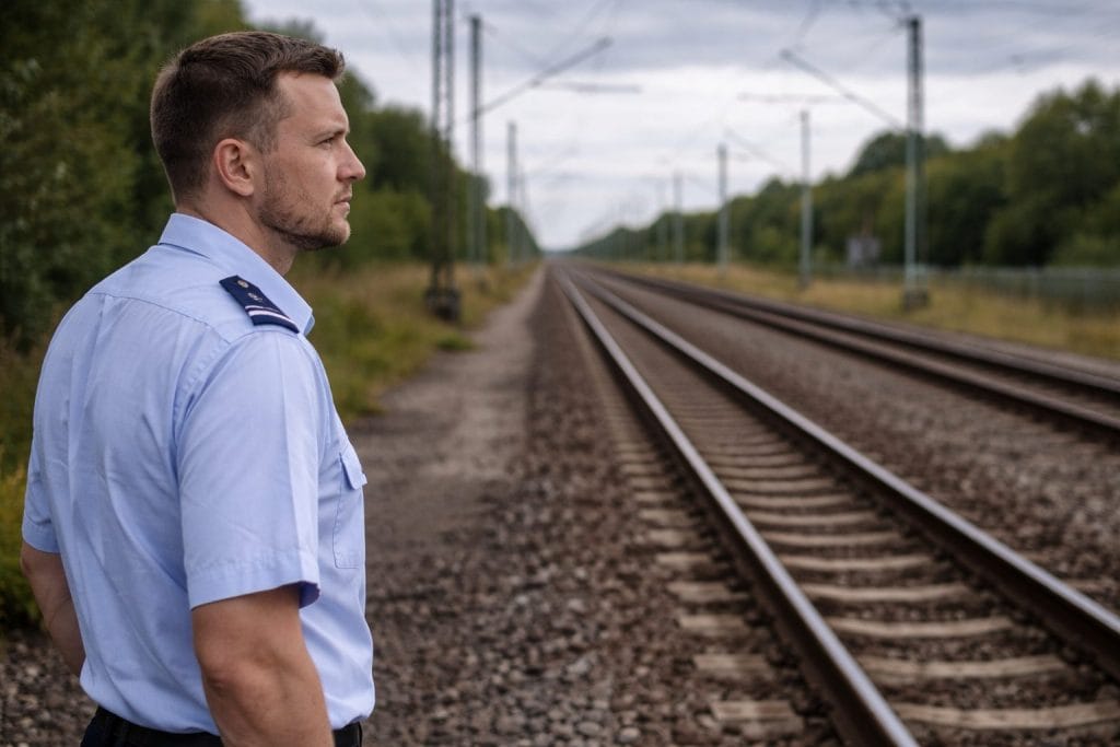 Mann in Uniform neben Bahngleisen