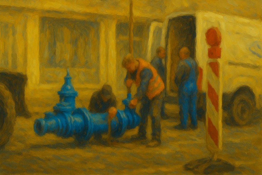 Arbeiter reparieren blaue Rohrleitung auf Baustelle