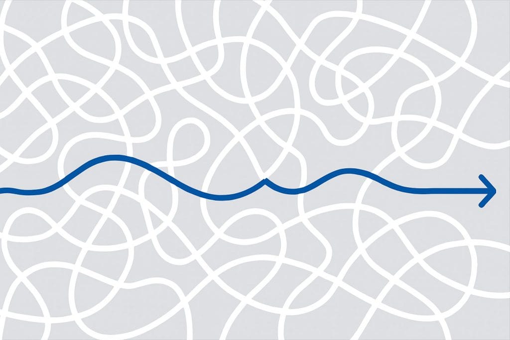 Blauer Pfeil durch verworrene weiße Linien