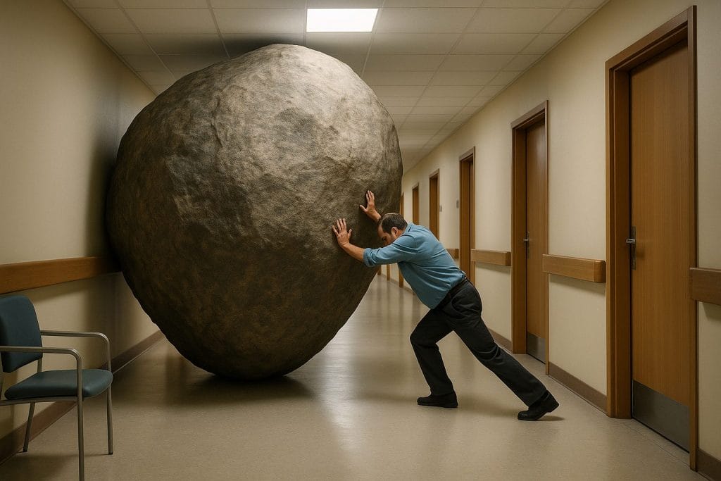 Mann schiebt riesigen Felsbrocken im Flur.