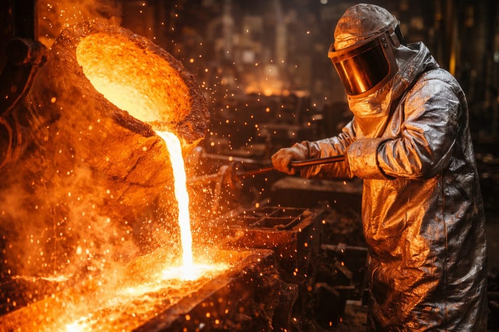 Arbeiter gießt geschmolzenes Metall in Gießerei