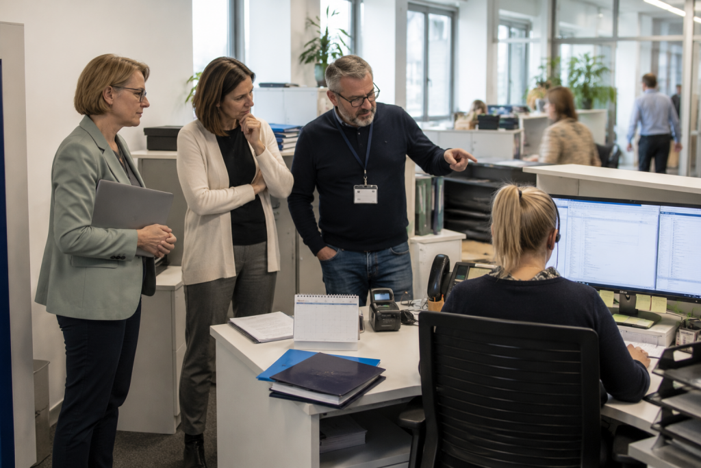 Team diskutiert am Computerarbeitsplatz im Büro